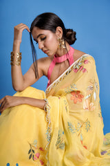 Limonelle – Lemon Yellow Hand-Painted Floral Organza Saree