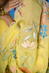 Limonelle – Lemon Yellow Hand-Painted Floral Organza Saree