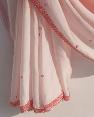 Ornate Bloom – Ombré Coral Pink Hand-Painted Satin Organza Saree