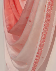 Ornate Bloom – Ombré Coral Pink Hand-Painted Satin Organza Saree