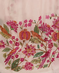 Ornate Bloom – Ombré Coral Pink Hand-Painted Satin Organza Saree