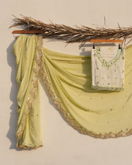 Mint Mirage – Mint Green Crepe Saree with Mirror Work & Cutwork Border