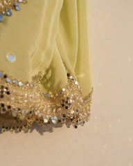 Mint Mirage – Mint Green Crepe Saree with Mirror Work & Cutwork Border