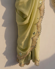 Mint Mirage – Mint Green Crepe Saree with Mirror Work & Cutwork Border