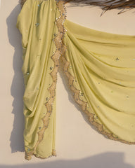 Mint Mirage – Mint Green Crepe Saree with Mirror Work & Cutwork Border