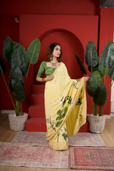 Amber Arbor – Amber Gold Hand-Painted Floral Organza Saree