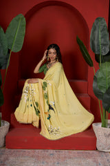 Amber Arbor – Amber Gold Hand-Painted Floral Organza Saree