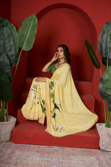 Amber Arbor – Amber Gold Hand-Painted Floral Organza Saree