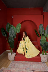 Amber Arbor – Amber Gold Hand-Painted Floral Organza Saree