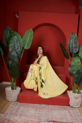 Amber Arbor – Amber Gold Hand-Painted Floral Organza Saree
