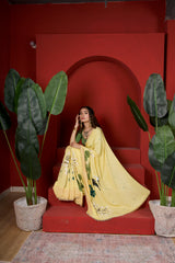 Amber Arbor – Amber Gold Hand-Painted Floral Organza Saree