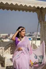 The Lavender Wings – Hand-Painted Lavender Organza Saree