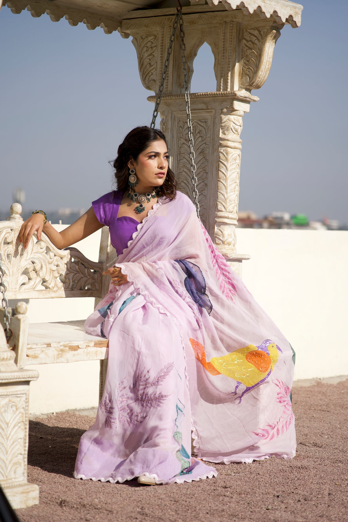 The Lavender Wings – Hand-Painted Lavender Organza Saree