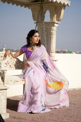The Lavender Wings – Hand-Painted Lavender Organza Saree
