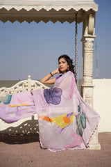 The Lavender Wings – Hand-Painted Lavender Organza Saree