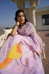 The Lavender Wings – Hand-Painted Lavender Organza Saree