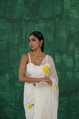 Serene Gold Lotus – Amber Gold Hand-Painted Organza Saree