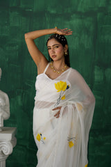 Serene Gold Lotus – Amber Gold Hand-Painted Organza Saree