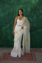 Serene Gold Lotus – Amber Gold Hand-Painted Organza Saree