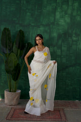 Serene Gold Lotus – Amber Gold Hand-Painted Organza Saree