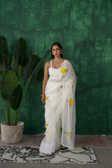 Serene Gold Lotus – Amber Gold Hand-Painted Organza Saree