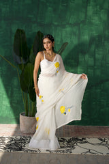 Serene Gold Lotus – Amber Gold Hand-Painted Organza Saree