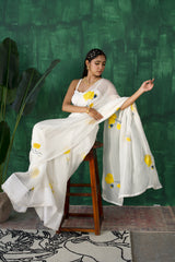 Serene Gold Lotus – Amber Gold Hand-Painted Organza Saree