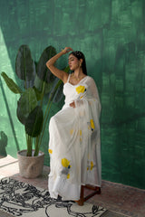 Serene Gold Lotus – Amber Gold Hand-Painted Organza Saree