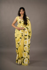 Sunshine Serenade – Amber Gold Hand-Painted Organza Saree