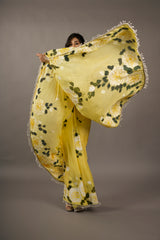 Sunshine Serenade – Amber Gold Hand-Painted Organza Saree