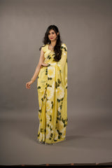 Sunshine Serenade – Amber Gold Hand-Painted Organza Saree