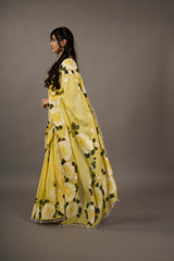 Sunshine Serenade – Amber Gold Hand-Painted Organza Saree