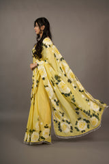 Sunshine Serenade – Amber Gold Hand-Painted Organza Saree