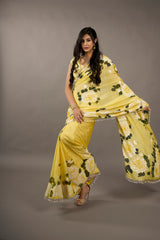 Sunshine Serenade – Amber Gold Hand-Painted Organza Saree