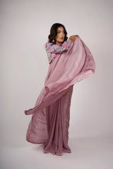 Dusky Petal – Amber Gold Hand-Painted Organza Saree