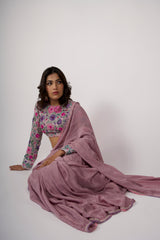 Dusky Petal – Amber Gold Hand-Painted Organza Saree