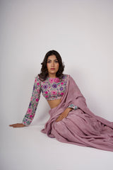 Dusky Petal – Amber Gold Hand-Painted Organza Saree