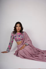 Dusky Petal – Amber Gold Hand-Painted Organza Saree