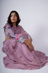 Dusky Petal – Amber Gold Hand-Painted Organza Saree