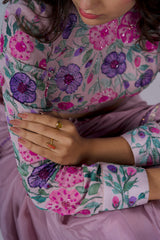 Dusky Petal – Amber Gold Hand-Painted Organza Saree