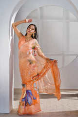 Coral Dusk – Amber Gold Hand-Painted Organza Saree