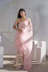 Blush Rosette – Blush Pink Hand-Painted Organza Saree