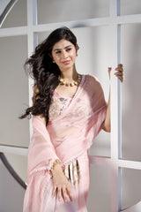 Blush Rosette – Blush Pink Hand-Painted Organza Saree
